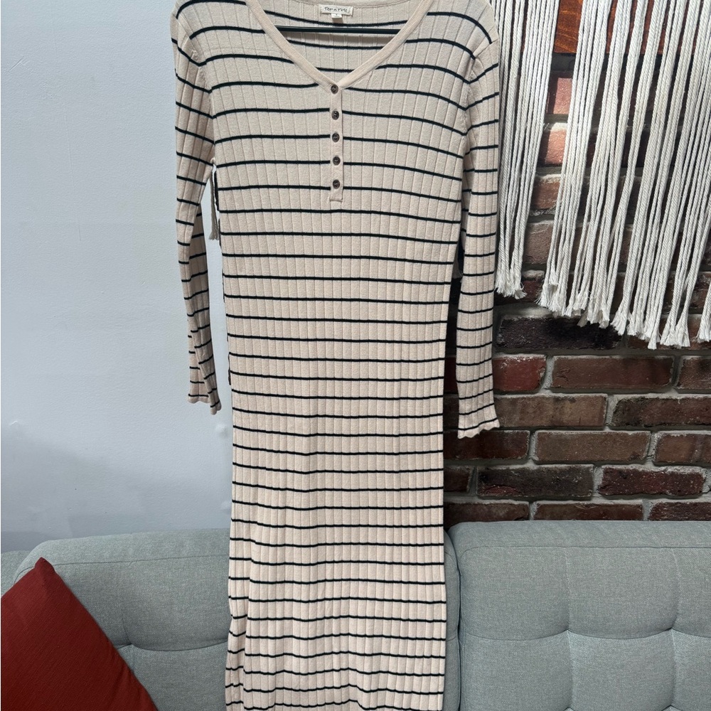 tea n rose Cream and Black Striped Rib-Knit Henley Midi Dress
